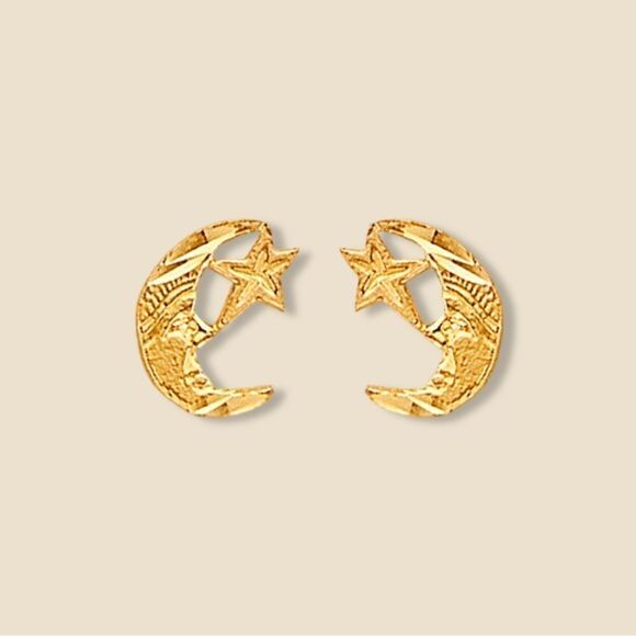 14K Solid Gold Moon & Star Earrings | Dainty Celestial Jewelry - Picture 1 of 4